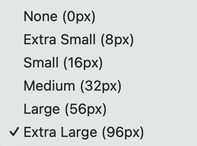Selection for margin size: none (0px), extra small (8px), small (16px), medium (32px), large (56px), extra large (96px)